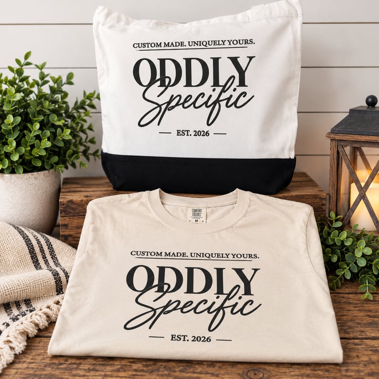 Oddly Specific branded tote bag and comfort-colors tee