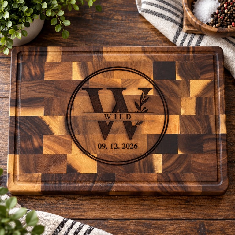 Engraved end-grain cutting board with a monogram and wedding date