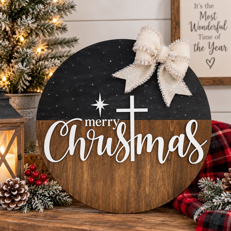 Round wooden "Merry Christmas" door hanger sign